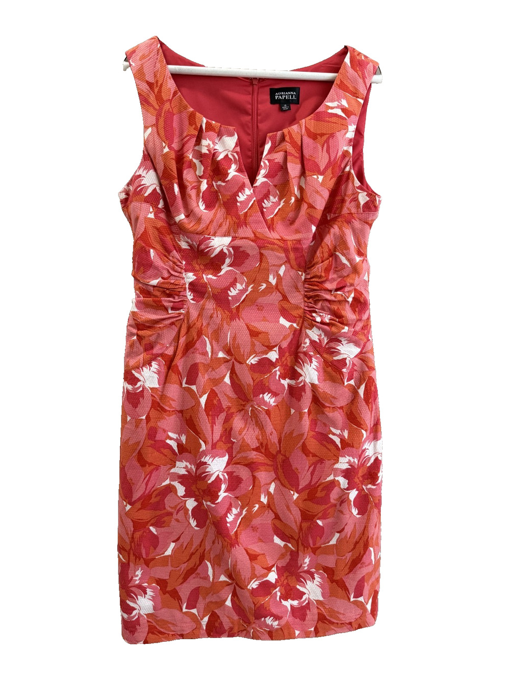 Adrianna Papell Size 14 Pink Coral Floral Sleeveless Ruched Waist Sheath Dress